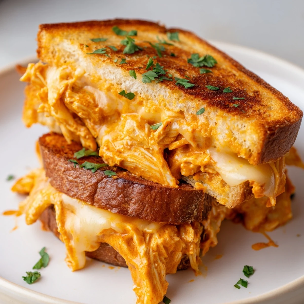 Crispy, golden-brown bread on a cheesy Savory Butter Chicken Grilled Cheese, ready to be sliced and enjoyed.