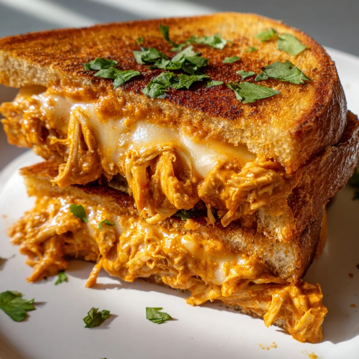 Warm, fragrant butter chicken filling spilling from a Savory Butter Chicken Grilled Cheese sandwich.