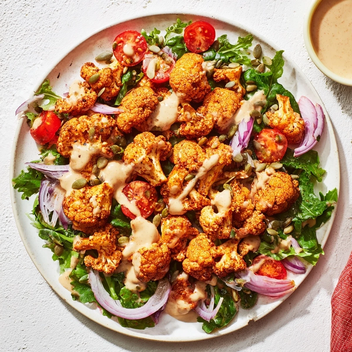 Golden-brown Crispy Cauliflower Salad with Tahini Sauce, ready to enjoy as a flavorful, light meal.