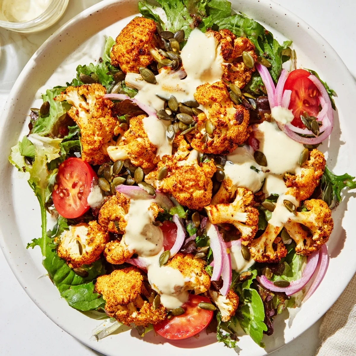 Fresh mixed greens are topped with crispy cauliflower and creamy tahini sauce in this vibrant salad.