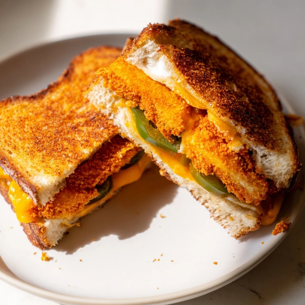 Delicious vegan comfort food: Spicy Crispy Tofu Grilled Cheese with a spicy, savory tofu filling.