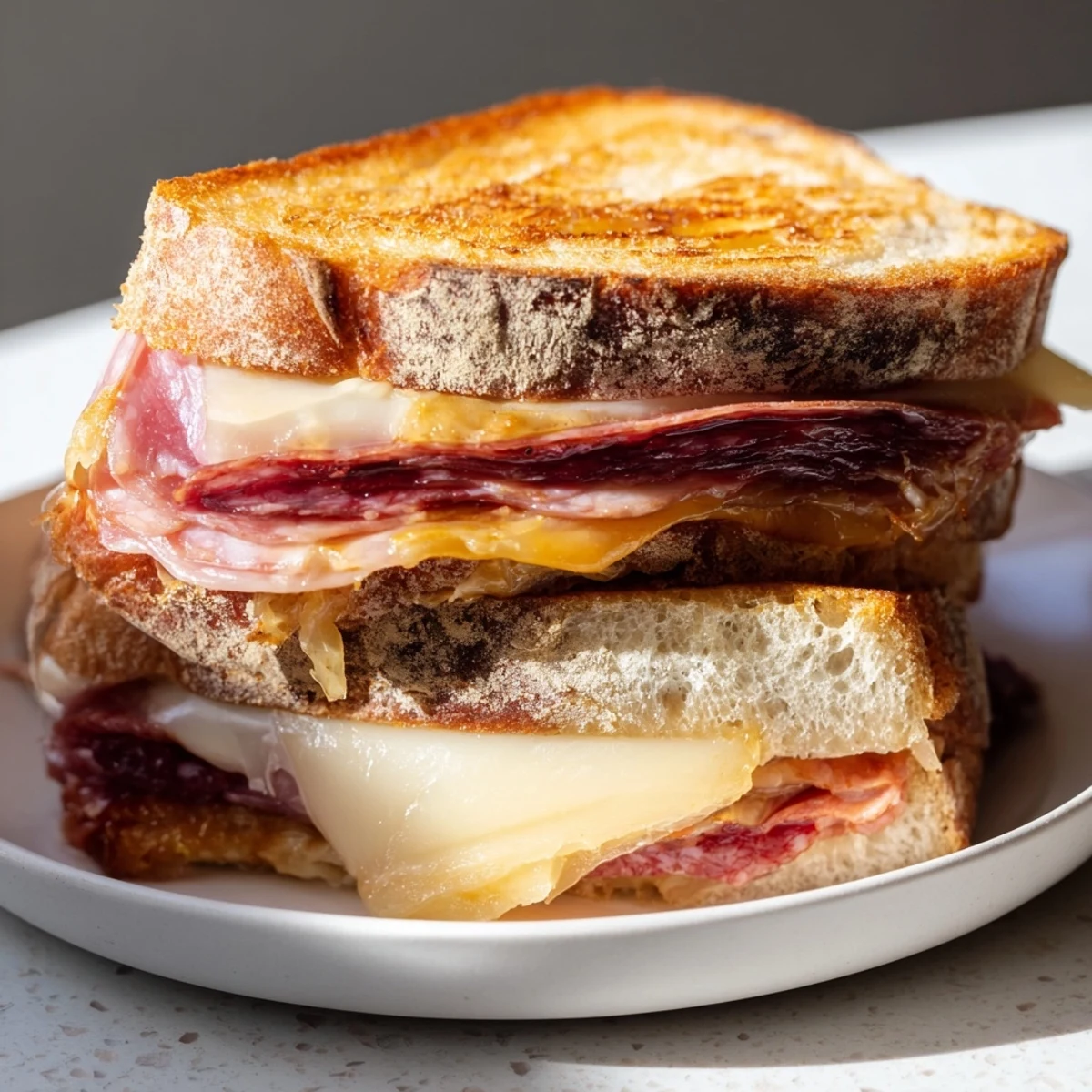 Golden-brown Charcuterie Grilled Cheese with melting cheese and perfectly toasted bread is irresistible.