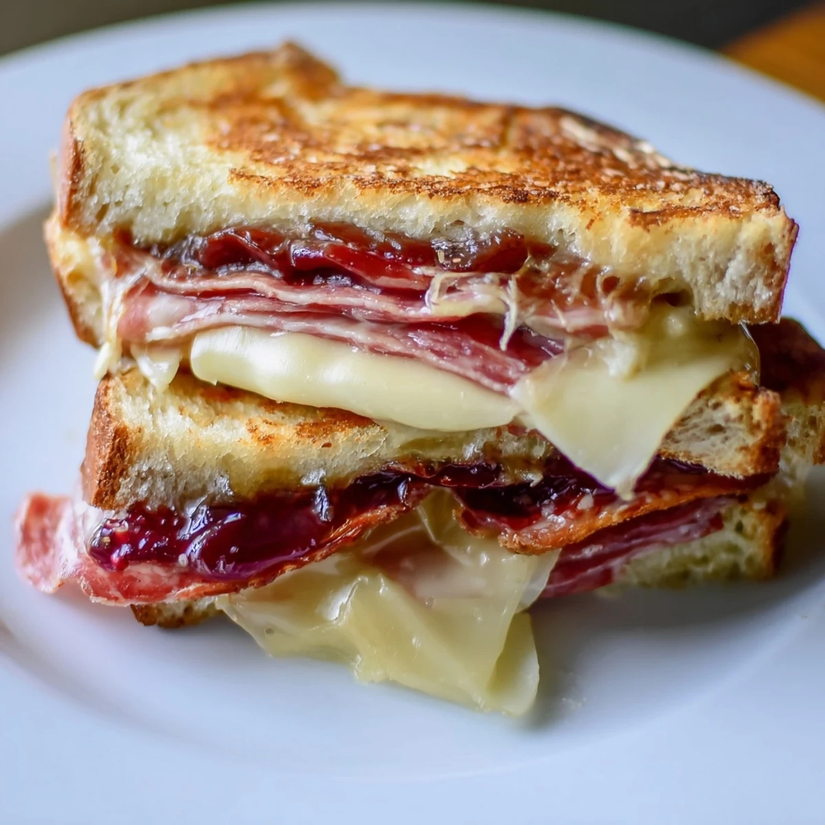 Indulge in this image of a warm, melty Charcuterie Grilled Cheese, ready for a delicious bite.