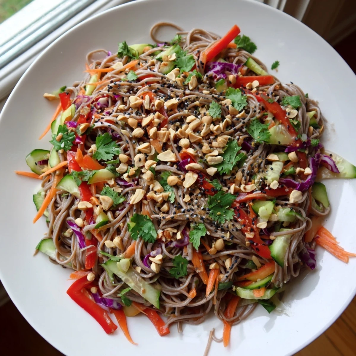 Vibrant Cold Noodle Salad showing tender noodles, fresh veggies, and drizzled sesame-ginger dressing, ready to eat.