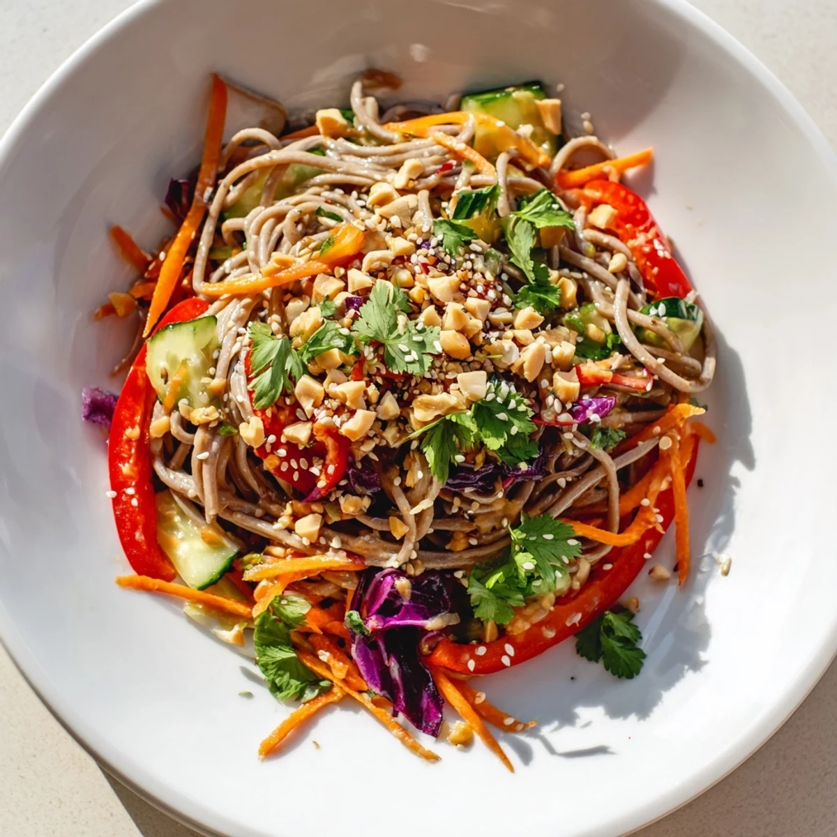 Close-up of Cold Noodle Salad, showcasing cool noodles, colorful vegetables, and a delicious sesame ginger dressing.