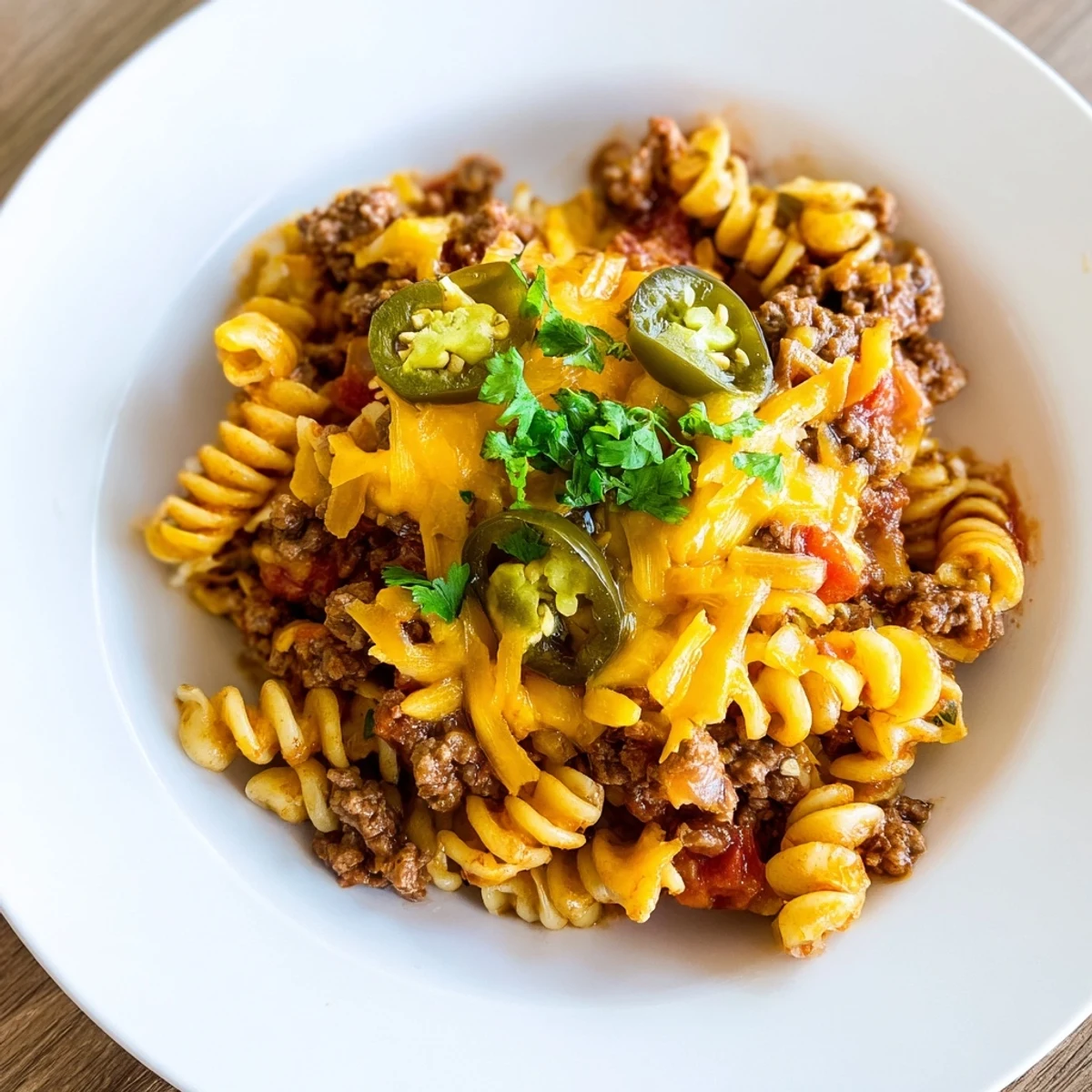 Steaming beef taco pasta skillet, topped with melted cheese, perfect for a cozy weeknight meal.
