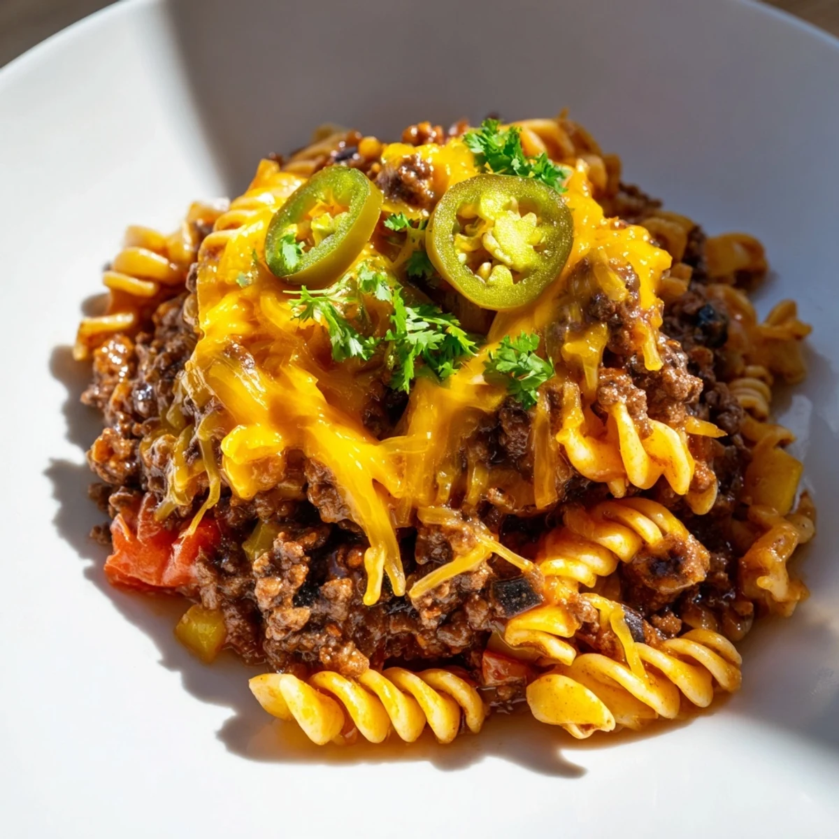 Close-up of a bubbling beef taco pasta skillet, with tender pasta and savory ground beef.