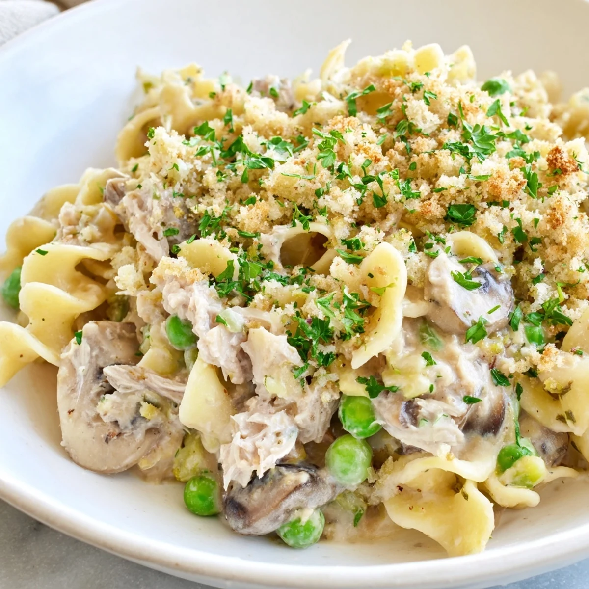 Creamy Tuna Noodle Casserole 2.0 with a golden, crispy topping ready to serve.