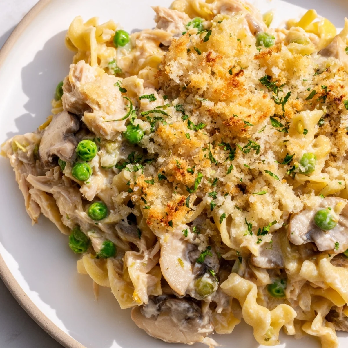 A bubbling baked Tuna Noodle Casserole 2.0 with tender noodles and a rich, creamy sauce.