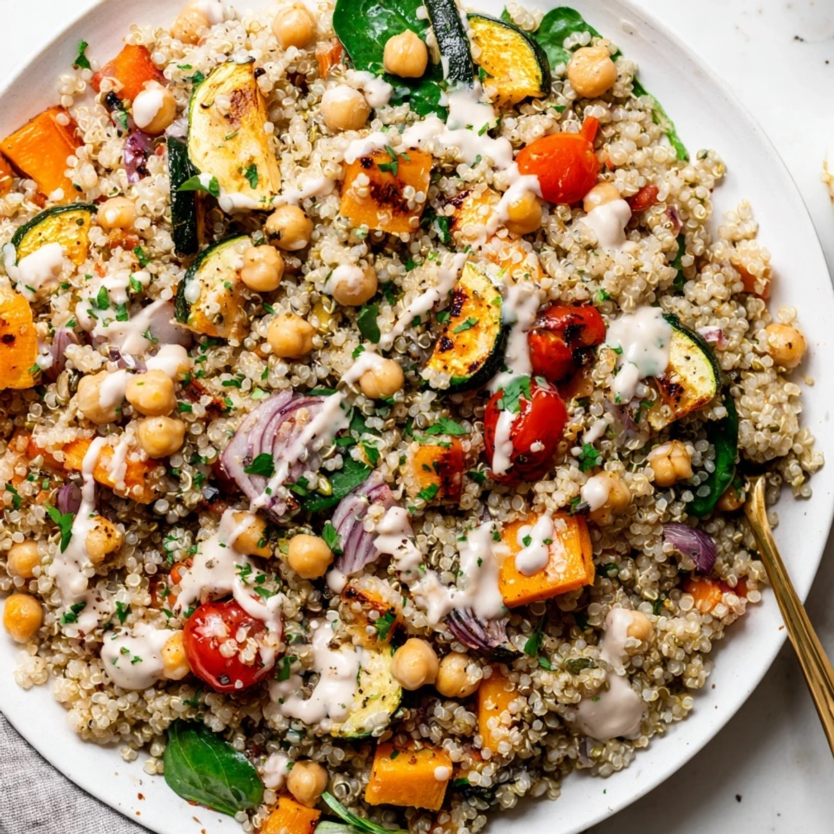 Fluffy quinoa power protein salad with roasted vegetables, drizzled in creamy tahini dressing, looks delicious.