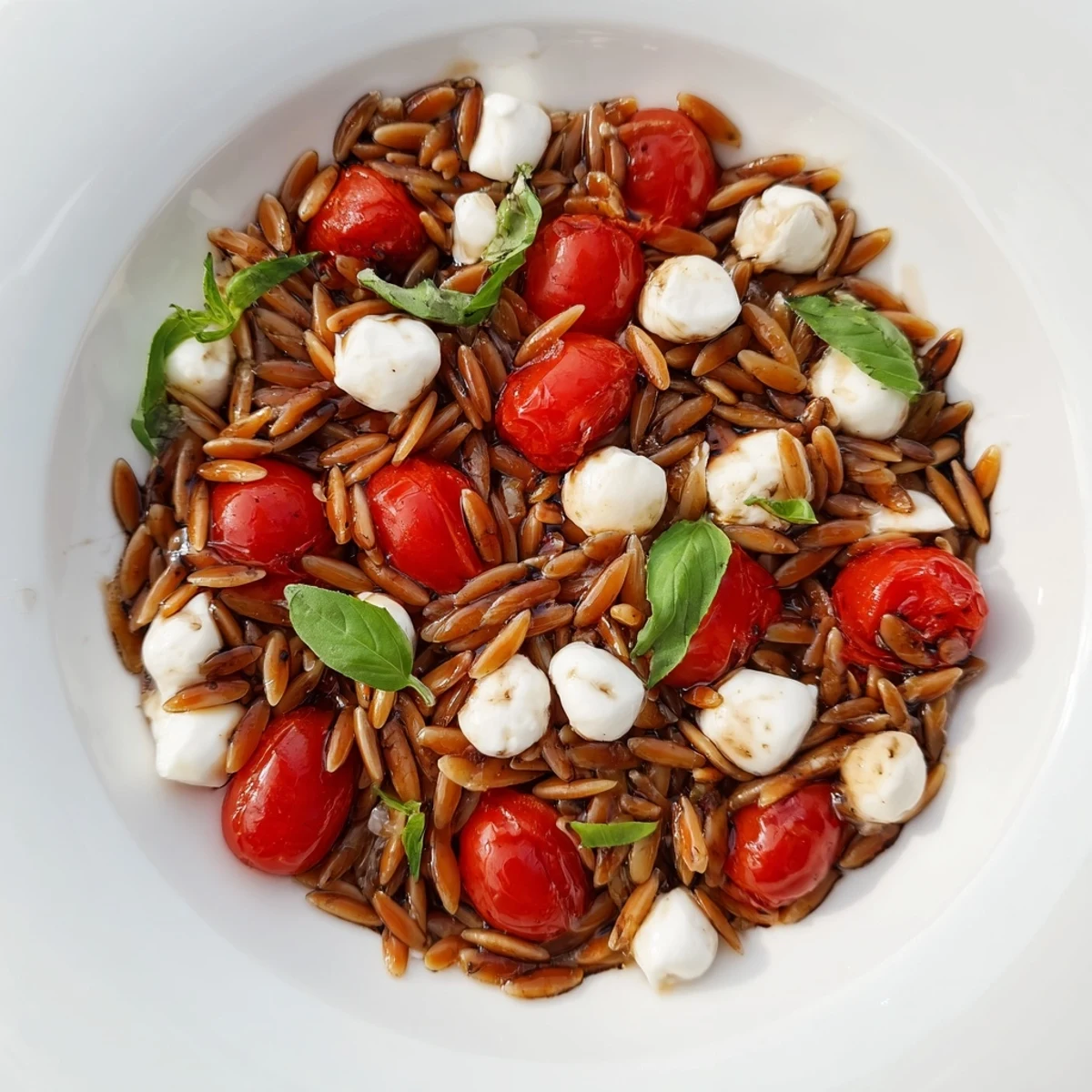 A bright Caprese Orzo Salad features plump cherry tomatoes and creamy mozzarella atop pasta.