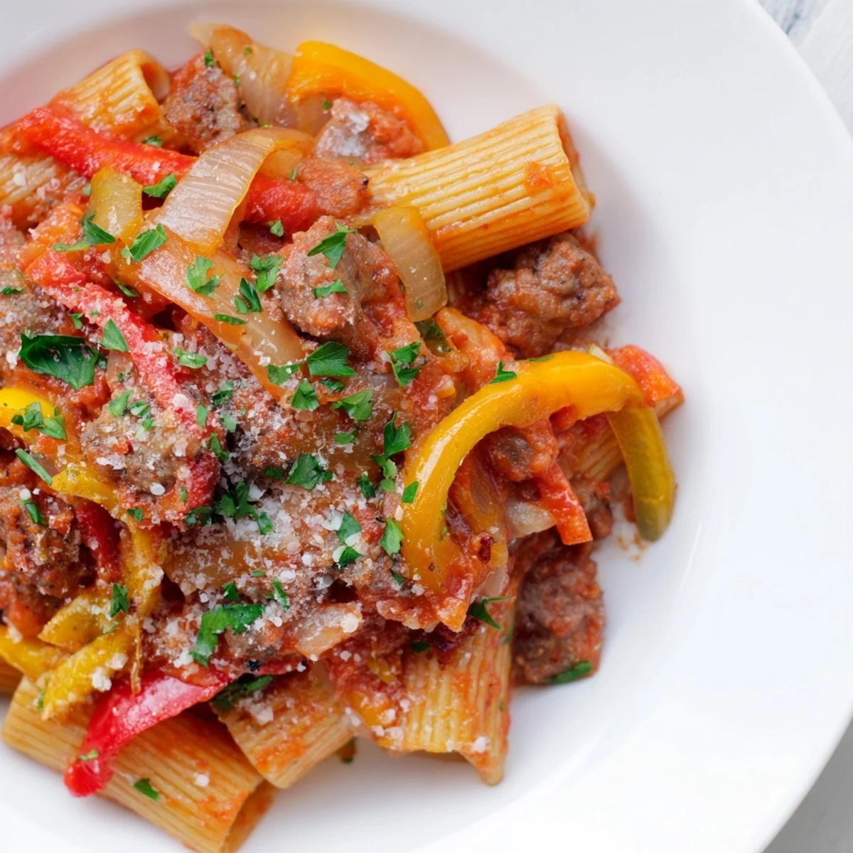 A close-up of steaming Sausage and Peppers Pasta with vibrant bell peppers and herbs.