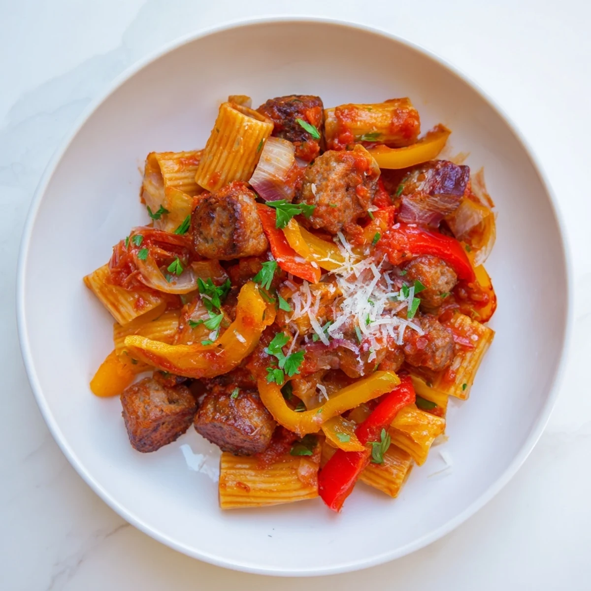 Deliciously plated Sausage and Peppers Pasta, ready for a comforting Italian-American dinner experience.