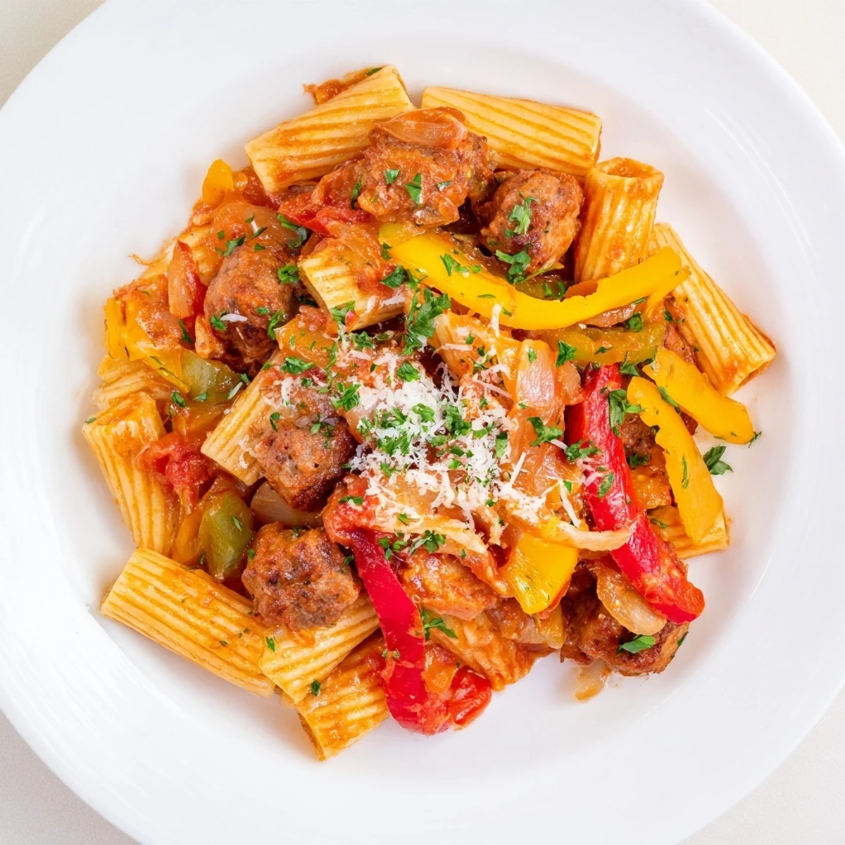 Fragrant Sausage and Peppers Pasta featuring juicy sausage, tender peppers, and rich tomato sauce.