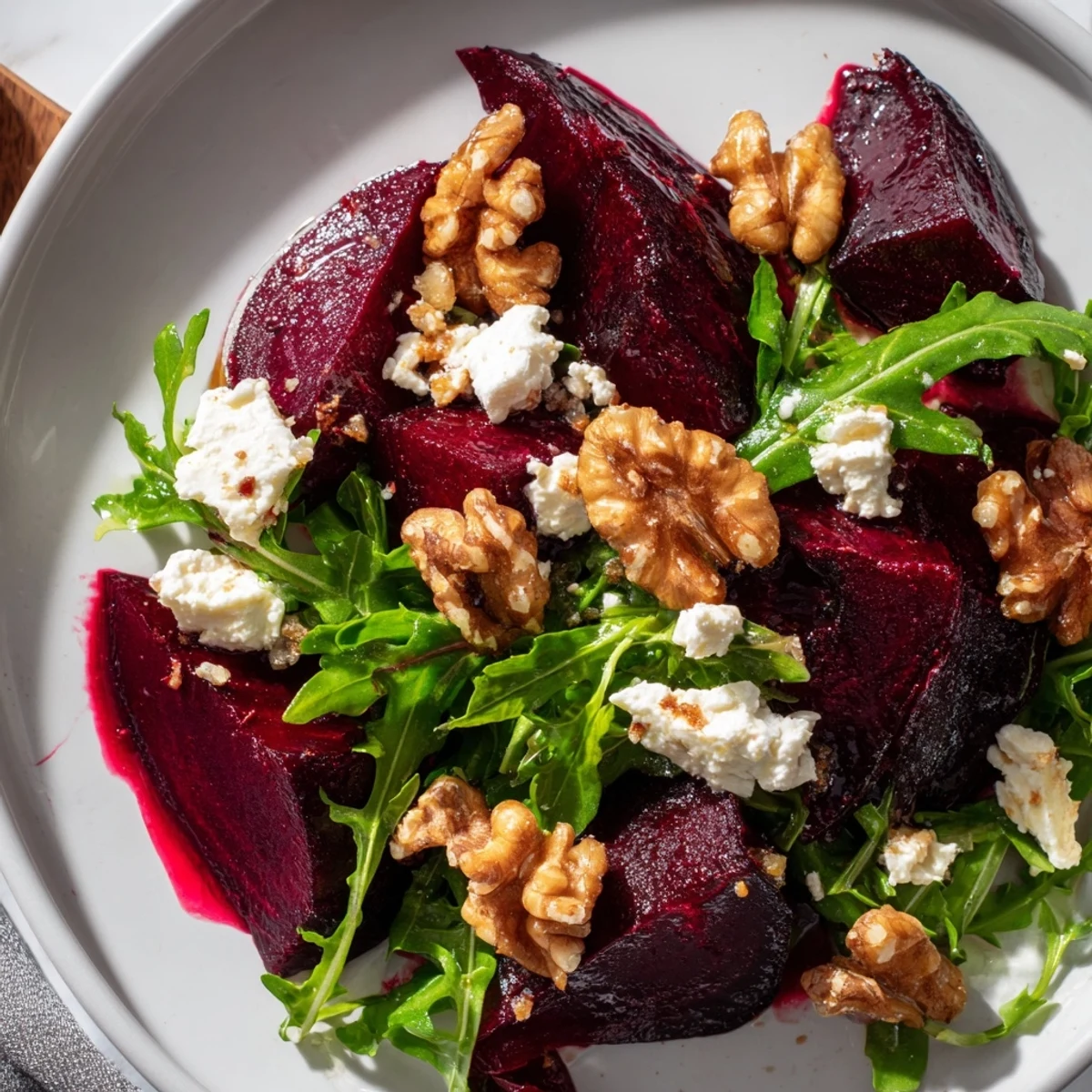Vibrant roasted beet walnut salad with crumbled goat cheese and bright green arugula, ready to eat.