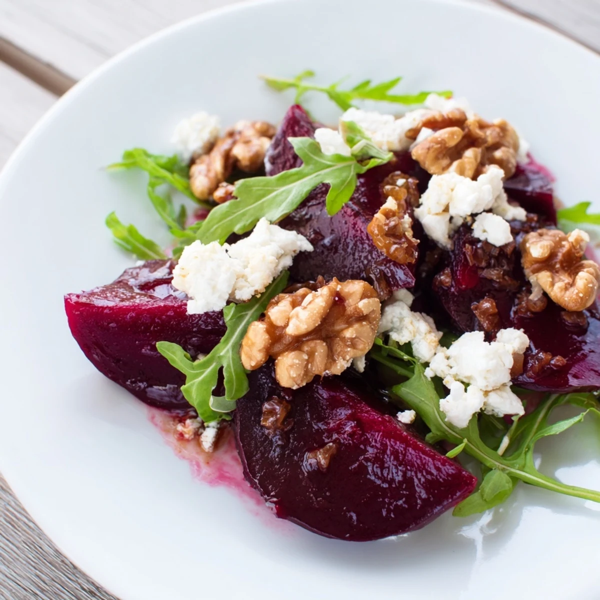 Close-up of a colorful roasted beet walnut salad: sweet beets, toasted walnuts, and creamy cheese.