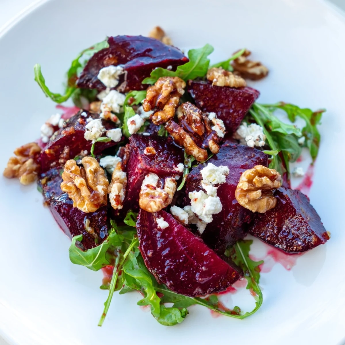 Freshly made roasted beet walnut salad, featuring a zesty vinaigrette dressing over the ingredients.