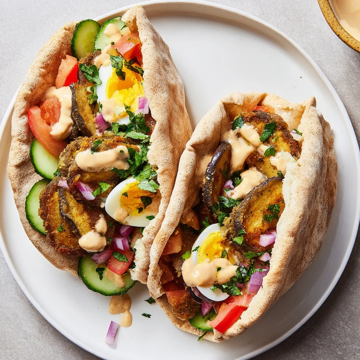 Golden fried eggplant and vibrant Israeli Sabich layers inside warm pita, ready to enjoy.
