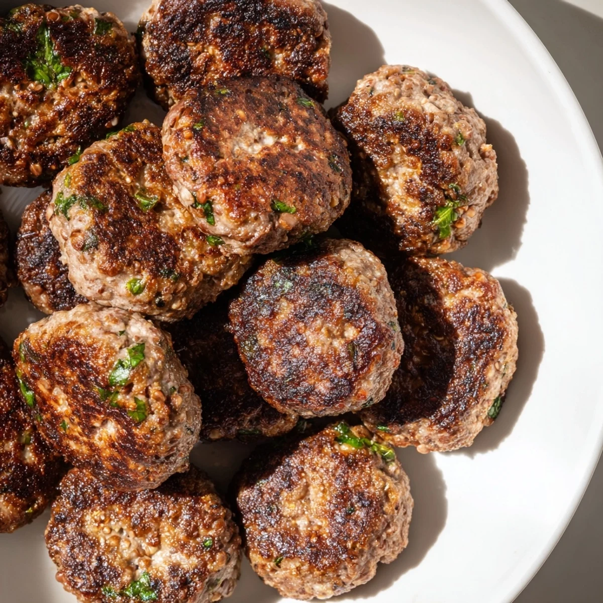 Golden-brown Turkish Köfte meatballs, pan-fried to perfection, are ready to serve with warm pita bread.