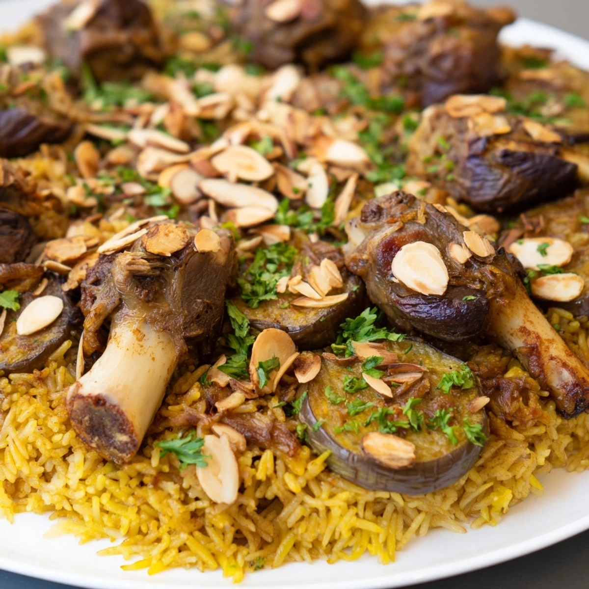 Golden-brown eggplant and potatoes surround the meat in this beautiful Palestinian Maqluba presentation.
