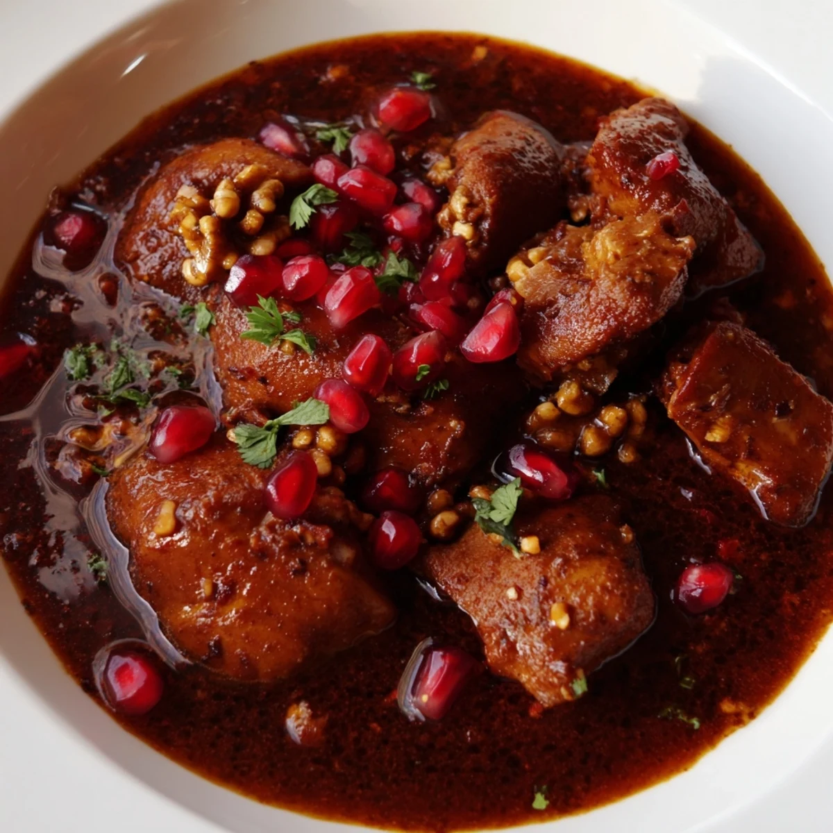 Rich, dark Iranian Fesenjan stew, the Persian specialty, simmered with chicken in a thick, tangy sauce.