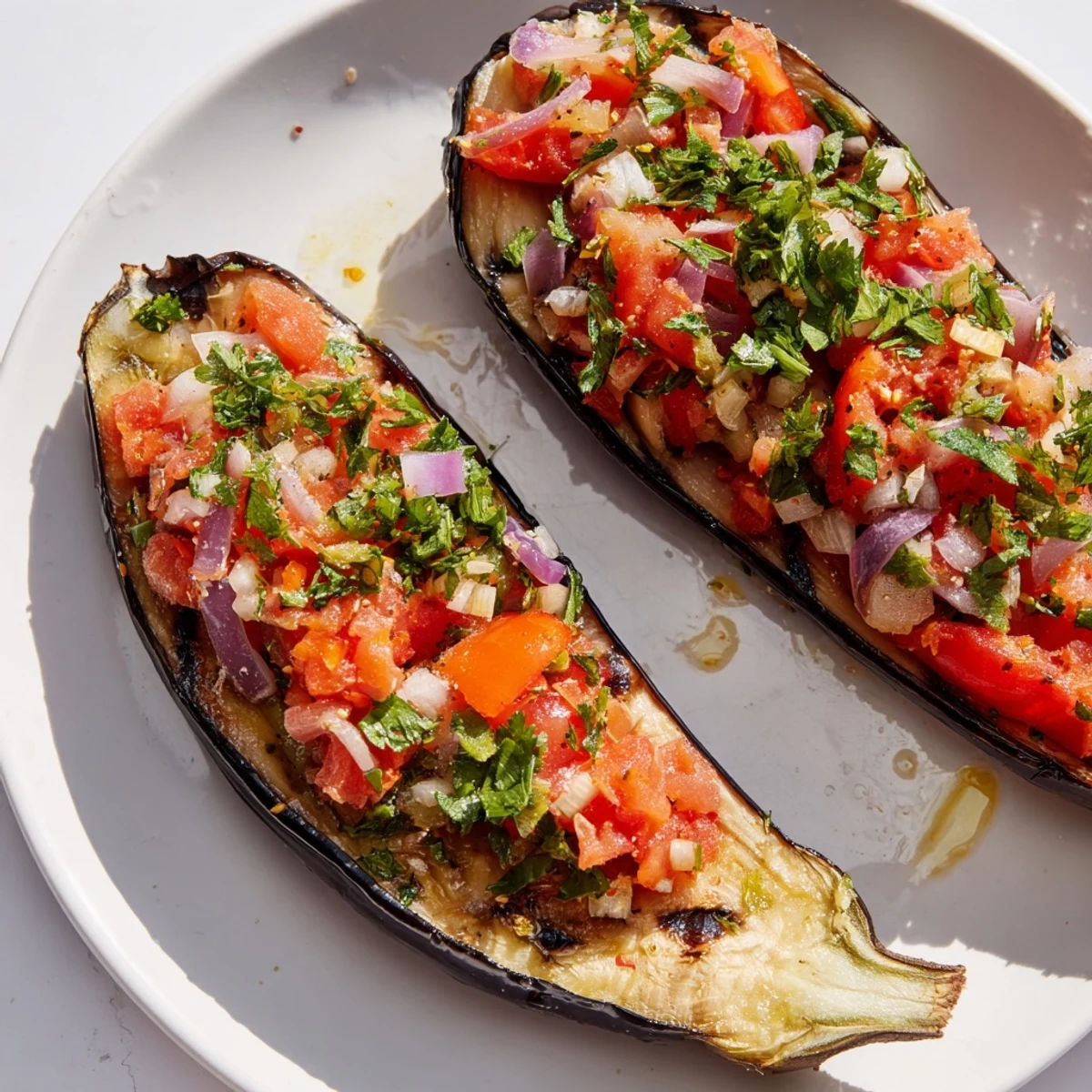Warm, aromatic Imam Bayildi, a delicious Turkish vegetarian dish, baked until the eggplants are meltingly soft.