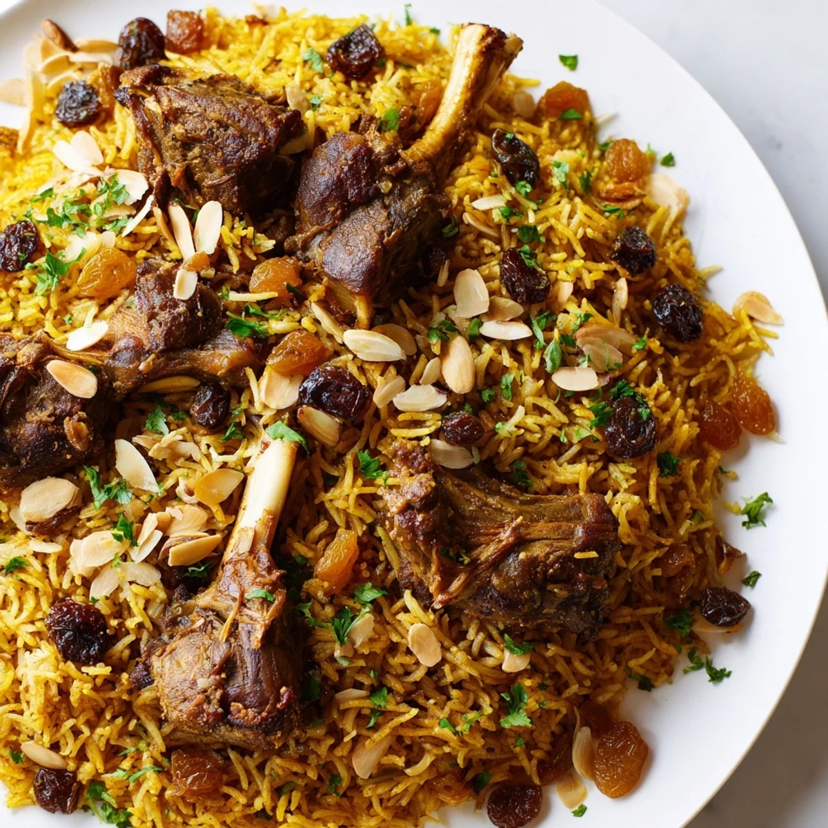 Aromatic Saudi Kabsa rice with fluffy basmati and tender meat, garnished with toasted almonds.
