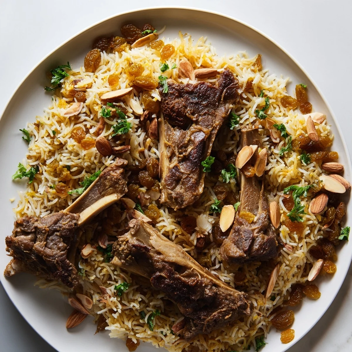 Golden raisins speckle the flavorful Saudi Kabsa, a vibrant rice dish perfect for a family feast.