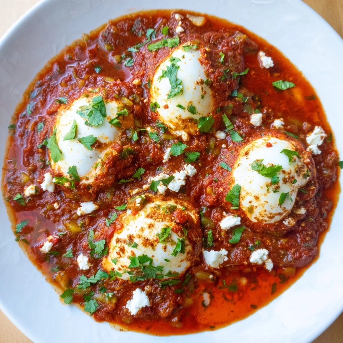 Israeli Shakshuka eggs bubbling in a pan, a vibrant, spiced tomato and pepper sauce.
