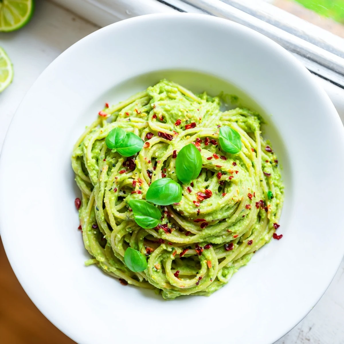 Creamy smashed avocado pasta tossed with lime and chili flakes, served with fresh basil and Parmesan garnish.  