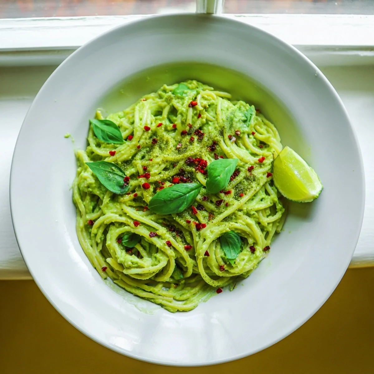 A bowl of smashed avocado pasta topped with herbs and chili flakes, ready to enjoy with a fork.
