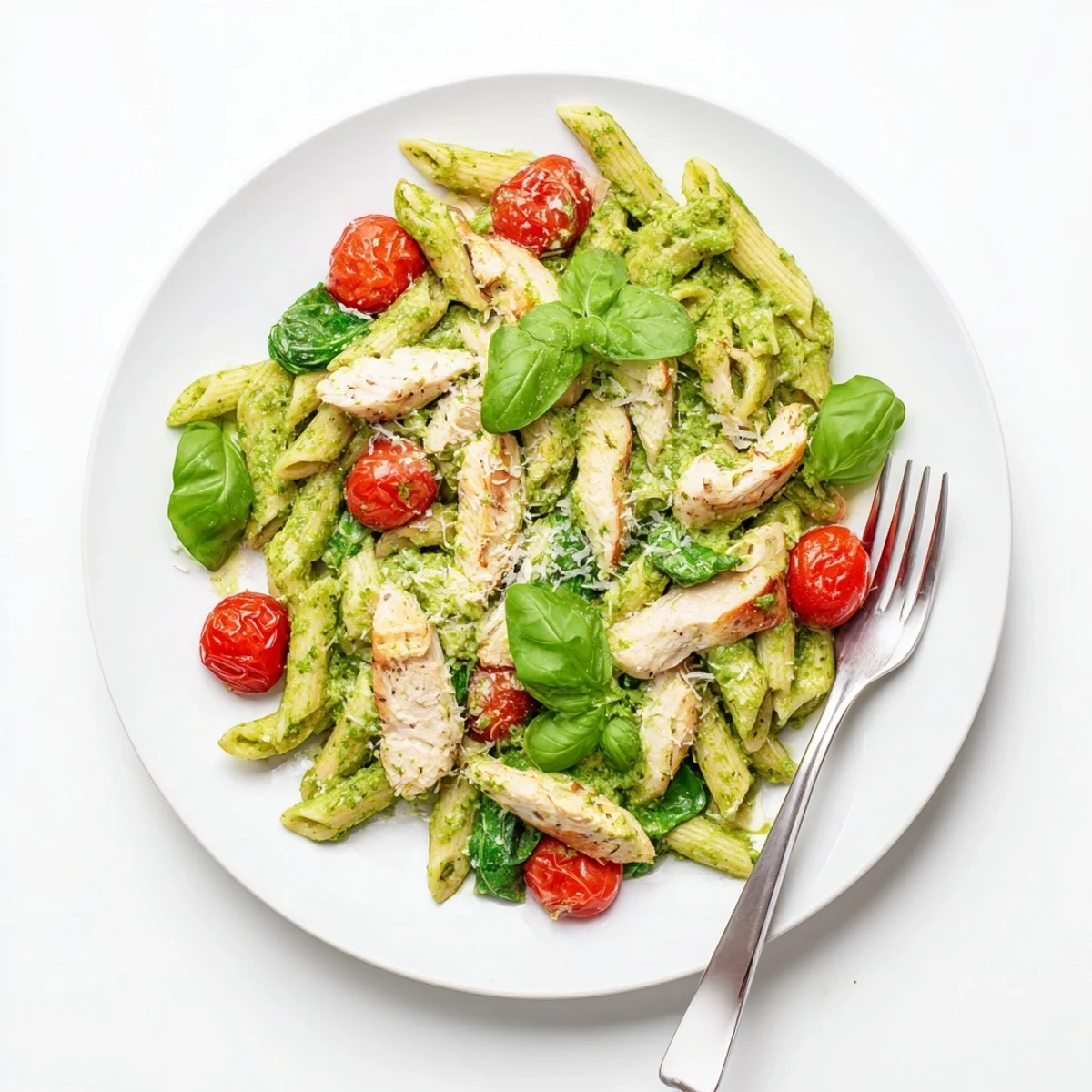Freshly grilled chicken slices and al dente penne tossed in vibrant basil pesto with cherry tomatoes and spinach, topped with Parmesan.