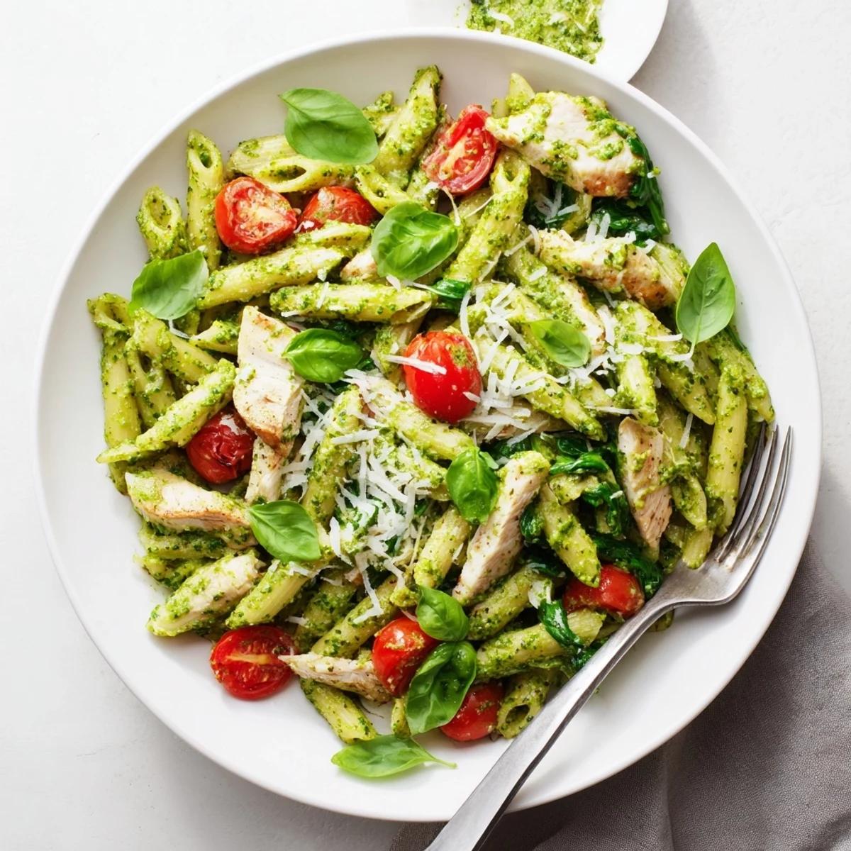 A close-up of Pesto Chicken Pasta in a white bowl, garnished with fresh basil leaves and a sprinkle of extra cheese.