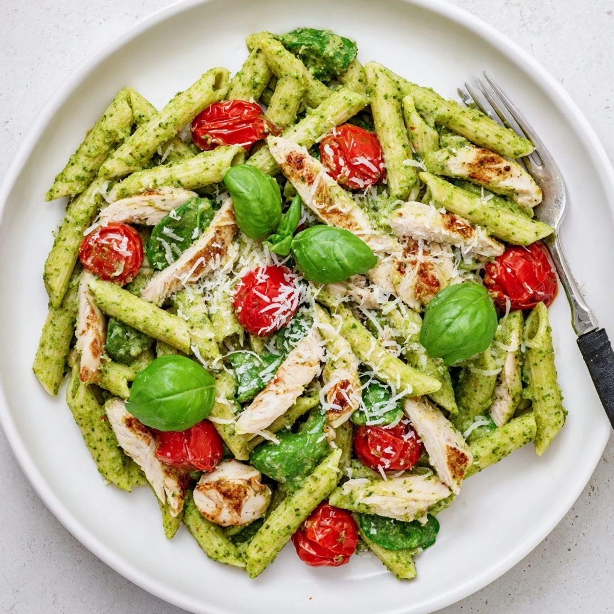 Hearty Pesto Chicken Pasta served on a wooden table, steaming gently next to a glass of white wine for a weeknight dinner.