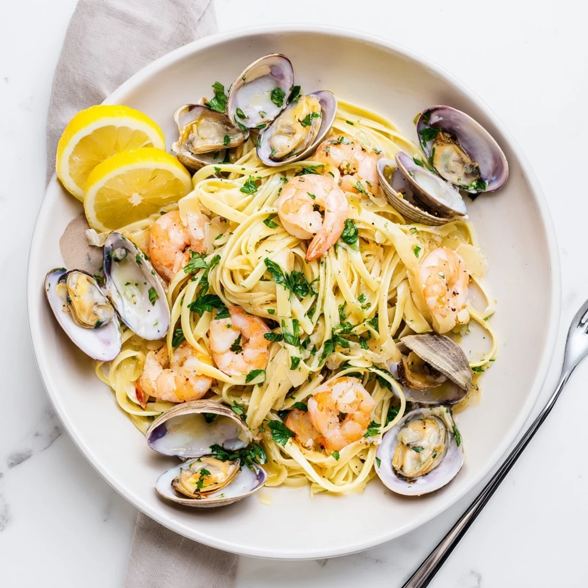 Vibrant Seafood Linguine with plump shrimp, clams, and mussels glistening in a garlicky white wine sauce over pasta, garnished with fresh parsley.