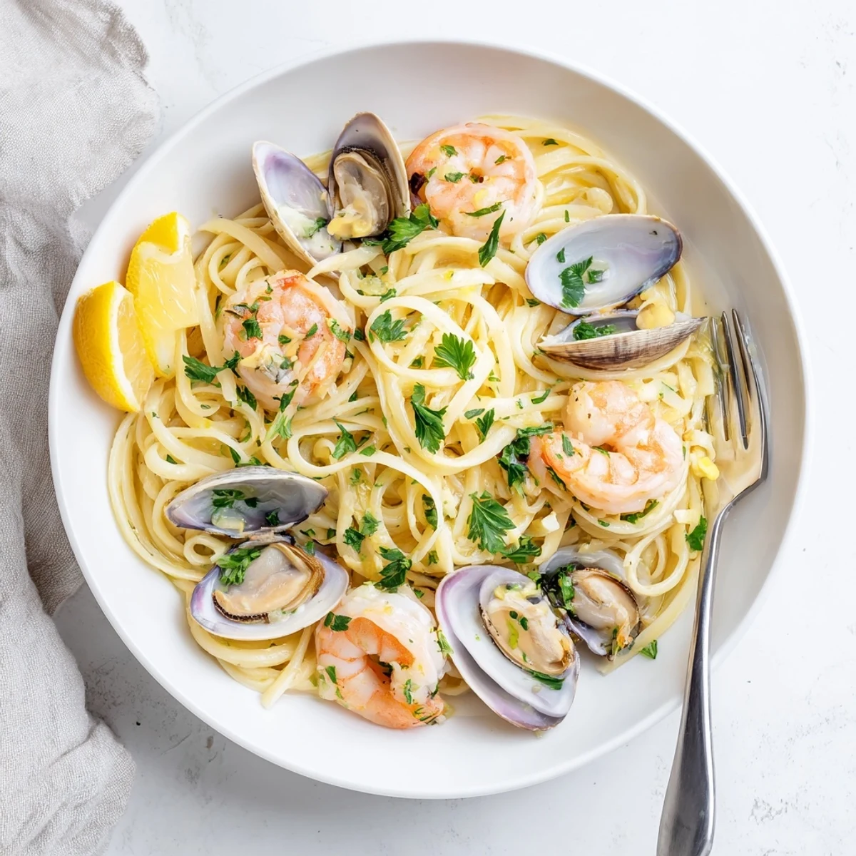 Freshly cooked Seafood Linguine in a shallow bowl, steam rising from linguine coated in garlic and white wine sauce with red pepper flakes.
