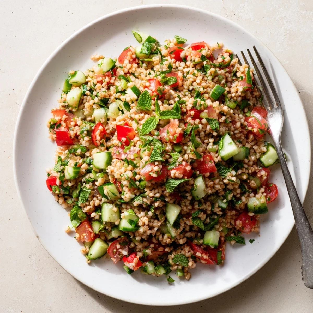 Freshly prepared Bulgur Wheat Salad Tabbouleh with vibrant parsley, diced tomatoes, and cucumber, dressed in zesty lemon vinaigrette.