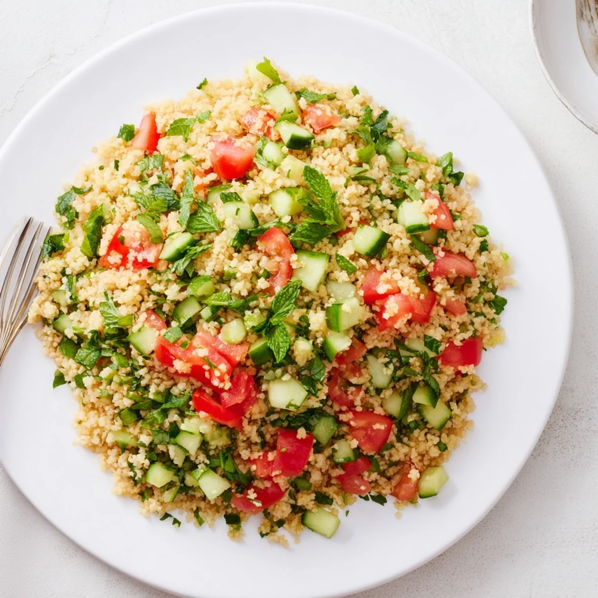 A chilled bowl of fluffy Bulgur Wheat Salad Tabbouleh topped with fresh mint and scallions, served ready to eat.