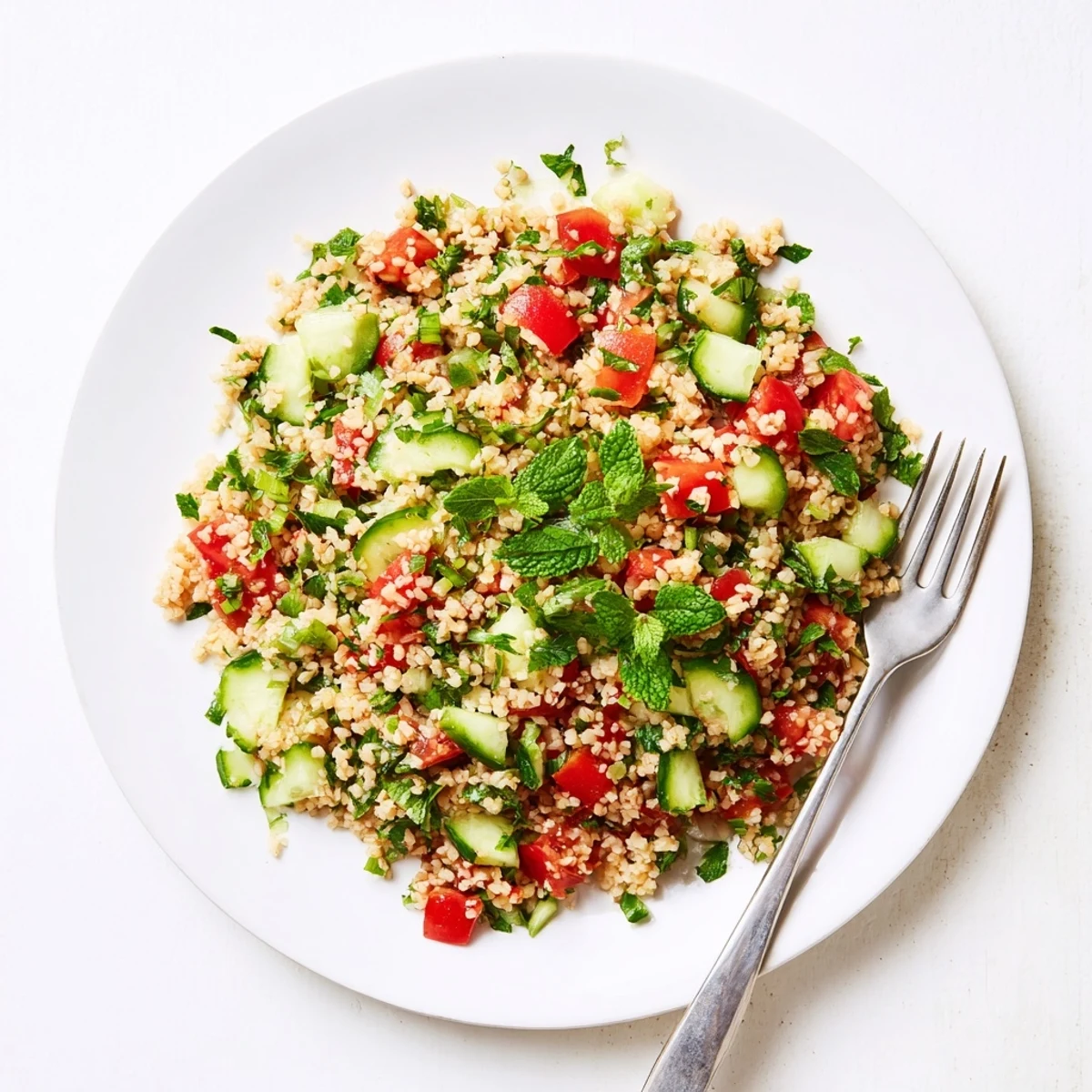 Vibrant Middle Eastern Bulgur Wheat Salad Tabbouleh featuring bulgur, ripe tomatoes, cucumbers, and herbs, tossed in a zesty olive oil dressing.