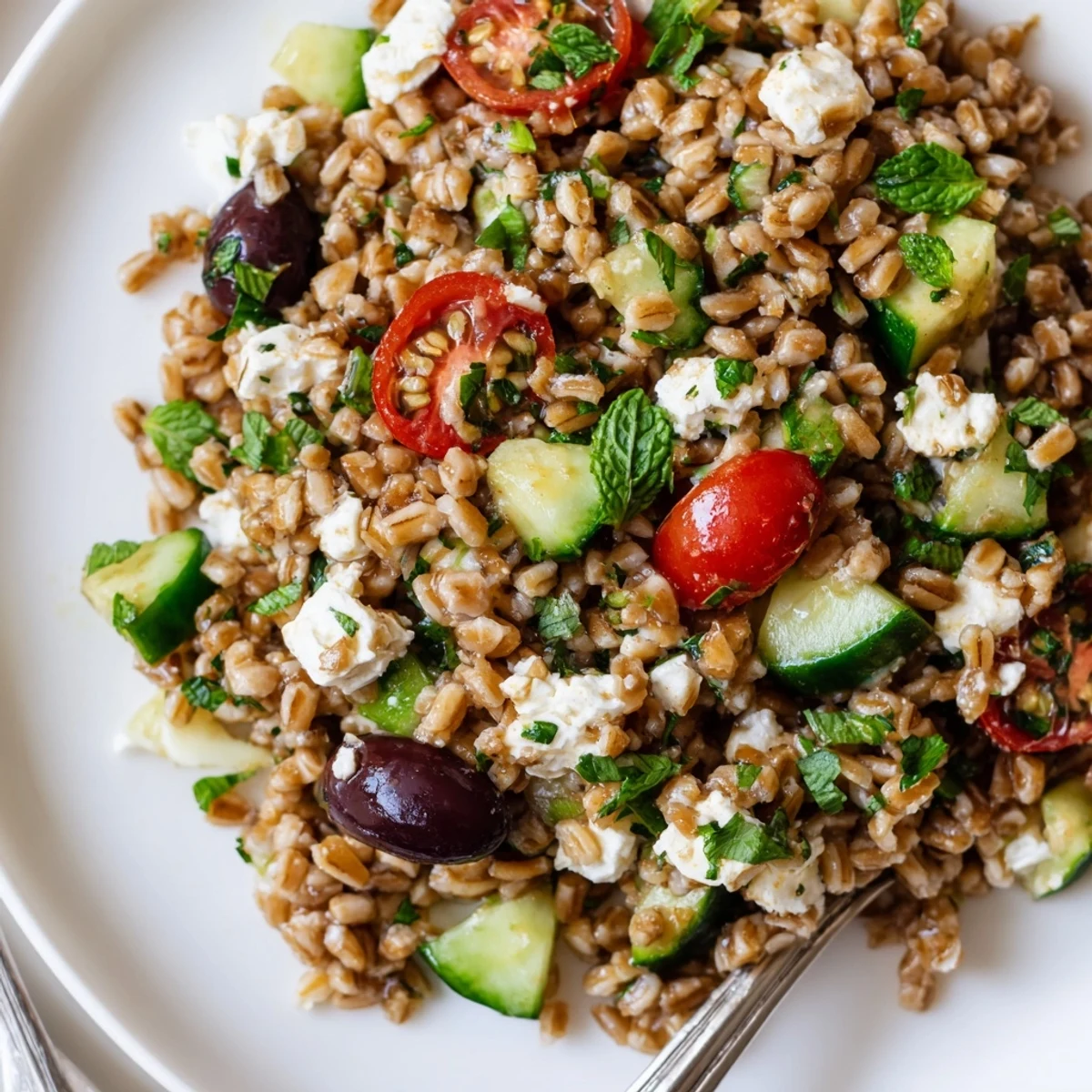 A close-up of a vibrant Farro Salad Mediterranean, featuring chewy grains, juicy tomatoes, creamy feta, and Kalamata olives glistening with lemon-oregano dressing.
