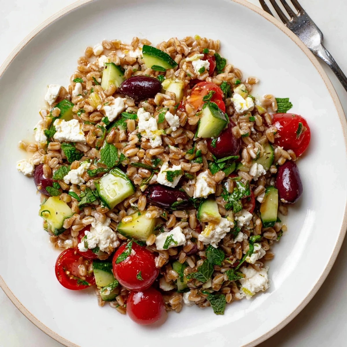A refreshing bowl of Farro Salad Mediterranean with crisp cucumbers, red onion, and fresh herbs, served as a perfect vegetarian side or light lunch.