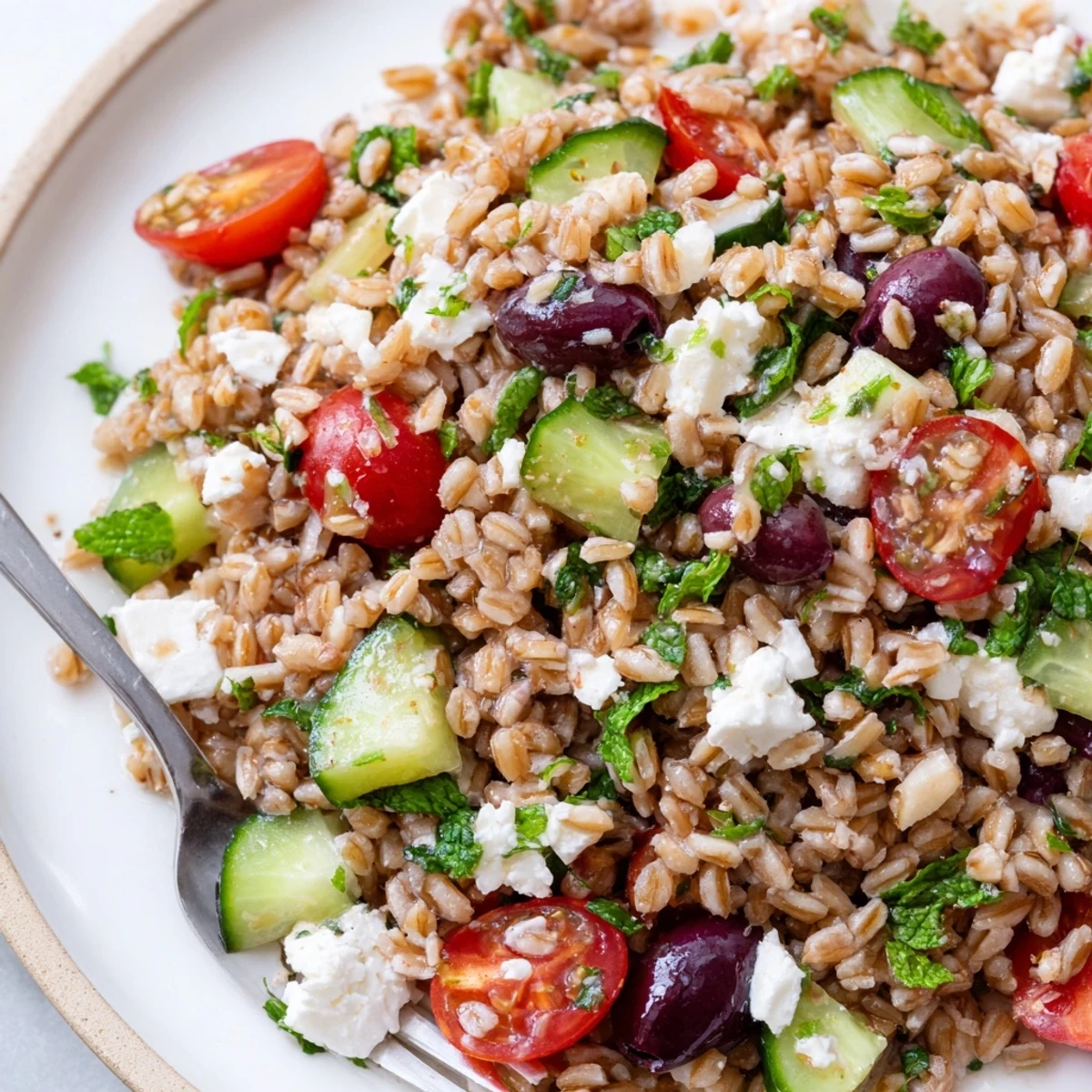 A colorful Mediterranean Farro Salad tossed in a zesty vinaigrette, showcasing a hearty mix of nutty grains, vegetables, and crumbled feta cheese.