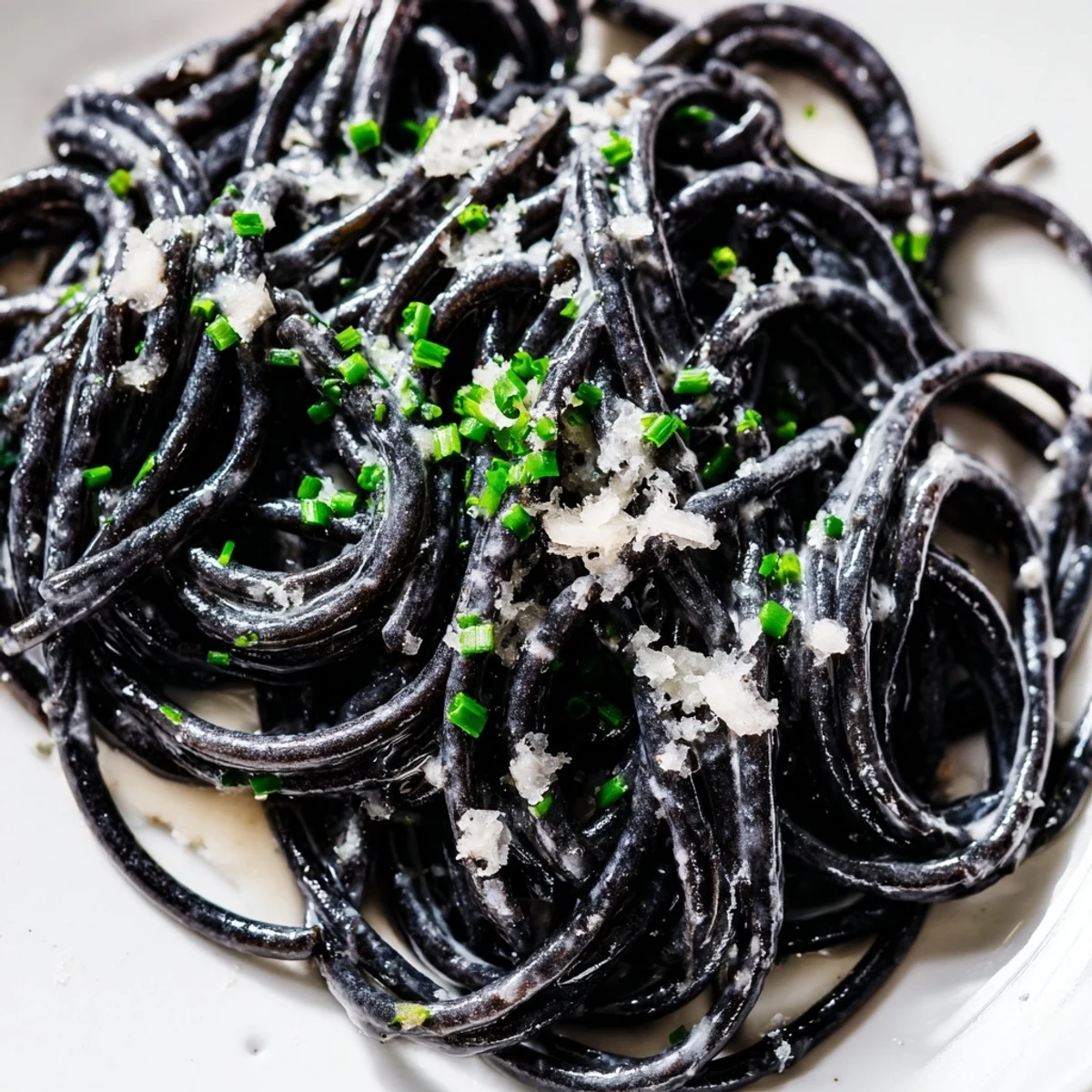 Overhead view of Squid Ink Pasta in a creamy sauce, garnished with chives and cheese, ready to be served at a cozy dinner party.