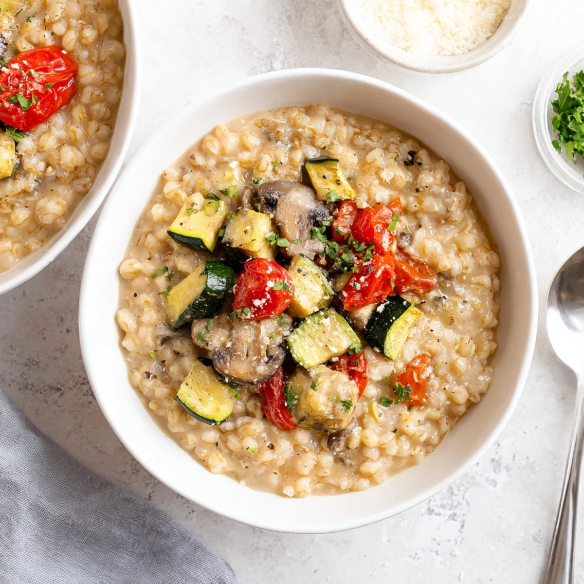 Creamy pearled barley bowl topped with golden oven-roasted zucchini, bell peppers, and mushrooms for a hearty vegetarian dinner.
