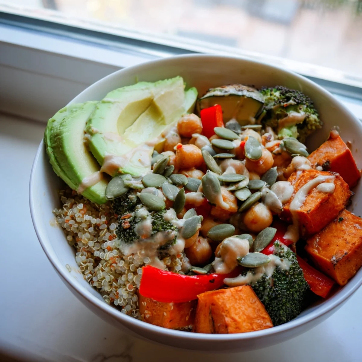 Warm Quinoa Buddha Bowl featuring fluffy quinoa, smoky roasted vegetables, chickpeas, and fresh parsley, drizzled with lemon-tahini sauce.