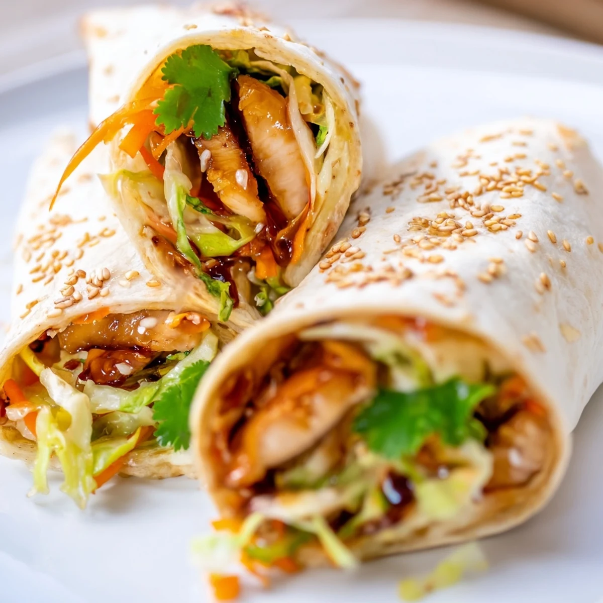 Golden-glazed teriyaki chicken strips nestle into a soft tortilla with crisp cabbage and carrots, ready to enjoy.  