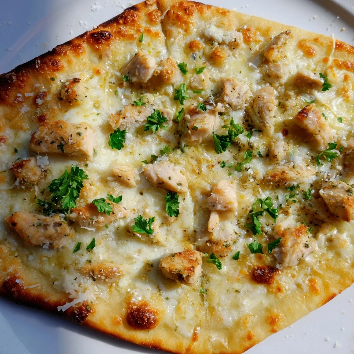 Freshly baked Chicken Alfredo Pizza on a wooden cutting board, golden crust topped with creamy sauce, tender chicken, melted mozzarella, and fresh parsley garnish.  
