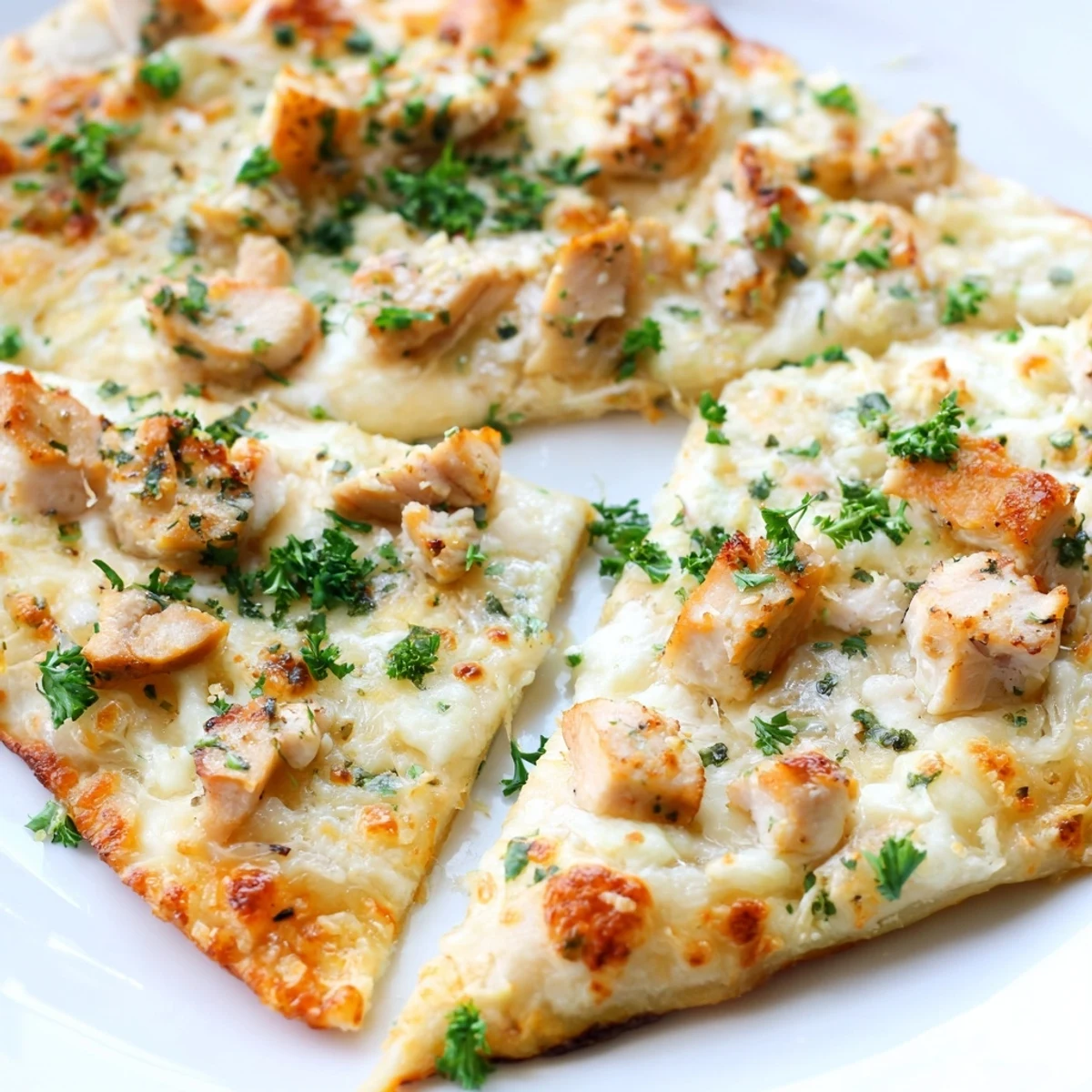 Homemade Chicken Alfredo Pizza with red onion slices and Parmesan, served hot on a marble countertop, ready for a family dinner.