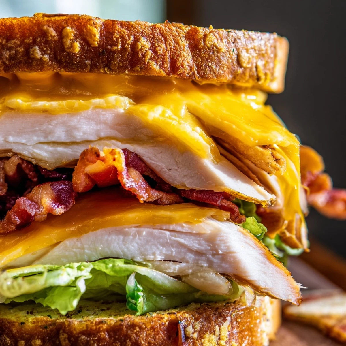 This Turkey Club Grilled Cheese features crispy bacon and melted cheddar on golden, buttery sourdough bread.  