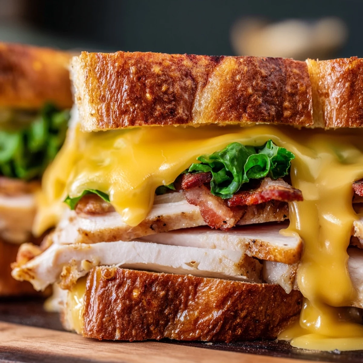 A slice of Turkey Club Grilled Cheese shows melted cheese oozing from crispy sourdough with bacon.